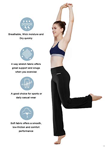 HISKYWIN Inner Pocket Yoga Pants 4 Way Stretch Tummy Control Workout Running Pants, Long Bootleg Flare Pants HF2-Black-L