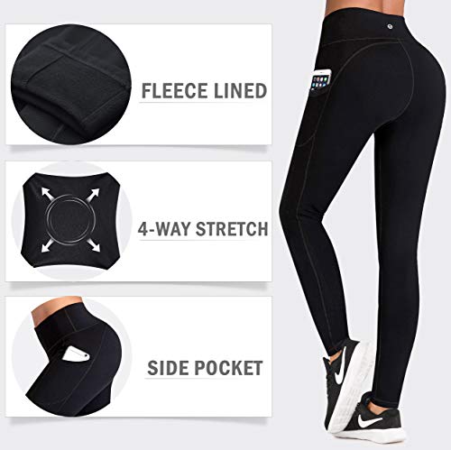 IUGA Fleece Lined Leggings with Pockets for Women Thermal Yoga Pants Winter Workout Leggings with Pockets for Women Black