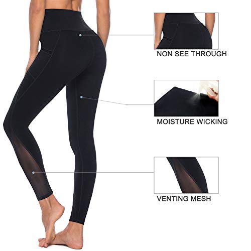 PERSIT Yoga Pants for Women with Pockets High Waisted Black Mesh Workout Leggings Athletic Gym Soft Yoga Leggings – Black – XS